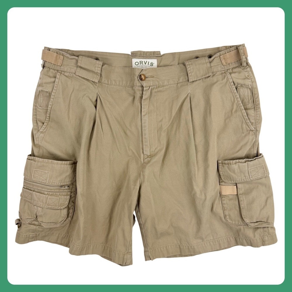 Orvis Cargo Shorts Men 40 Khaki Tan Cotton Pleated Pockets Outdoor Vintage 7"